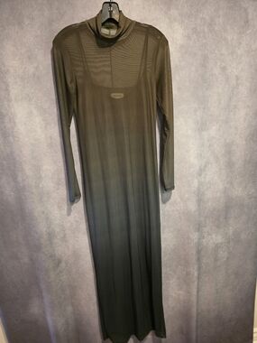 Olive Green Long Sleeve Maxi Dress with Sheer Turtleneck